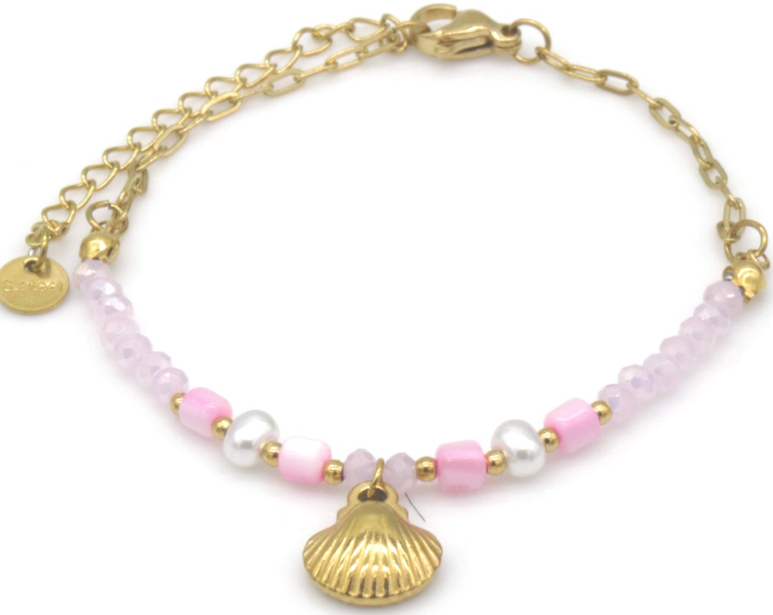 B-A20.1 B2539-034-2 S. Steel Bracelet Glassbeads Shell 16-21cm