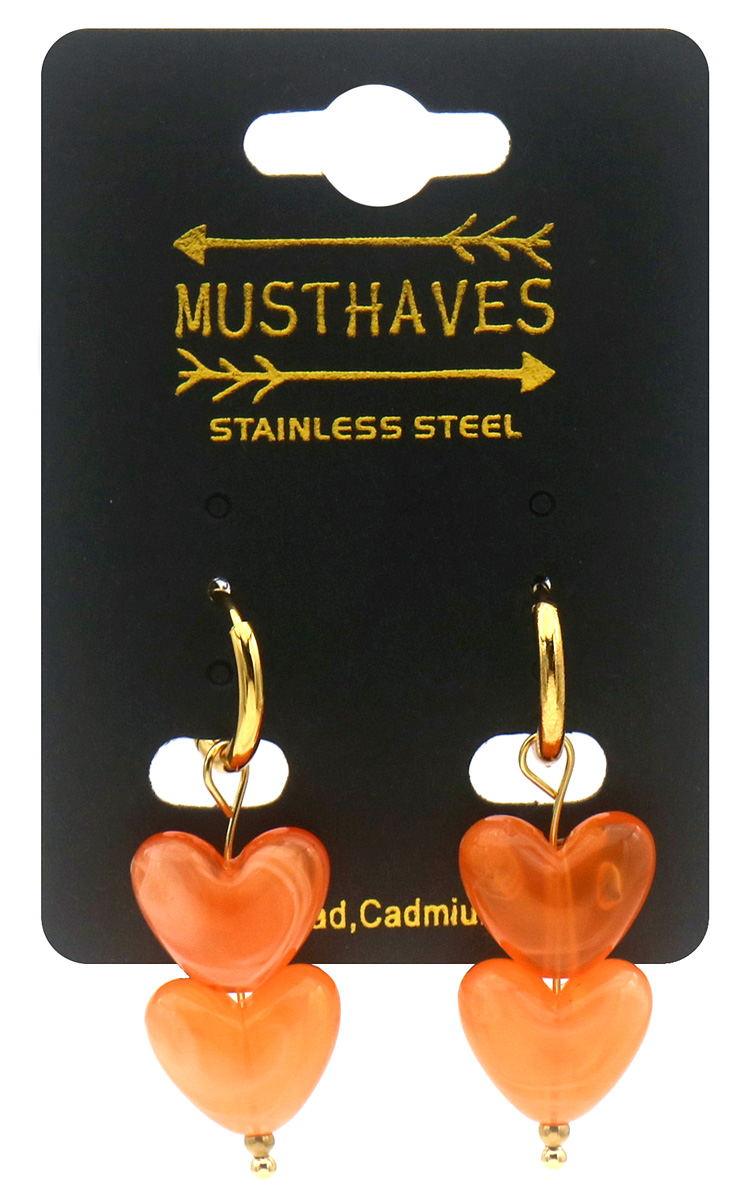 D-D20.3  E1144-001-5 S. Steel Earrings 4cm Hearts Orange
