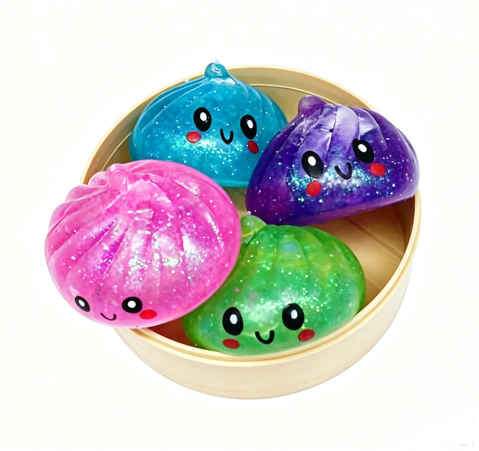Q-A7.1 TOY2610-057 Squishy Dumpling 4pcs in Basket - 12pcs Sugar Glitter