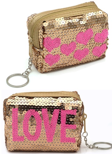 L-B3.2 KY1154-002 Keychain Wallet LOVE Sequins 10x7x4cm Gold