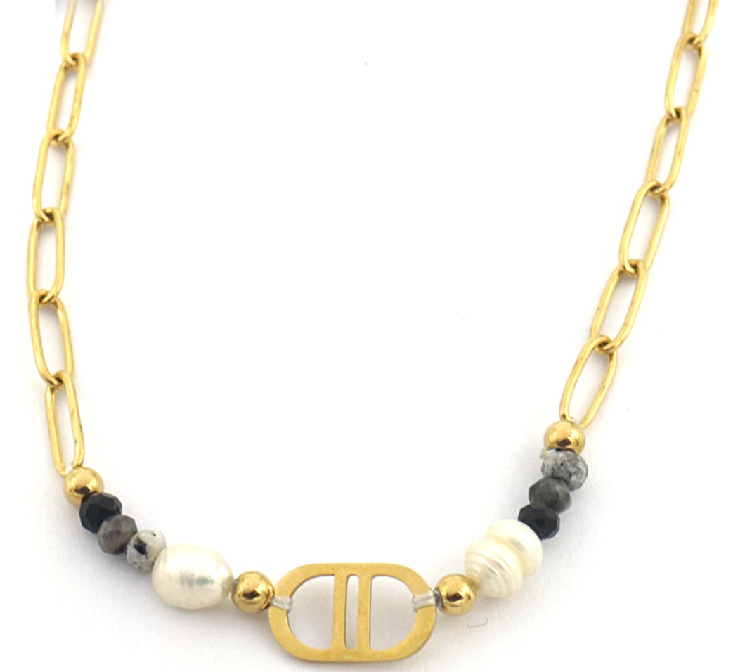 C-F19.1 N221-307 S. Steel Necklace Freshwater Pearl Grey 40-45cm