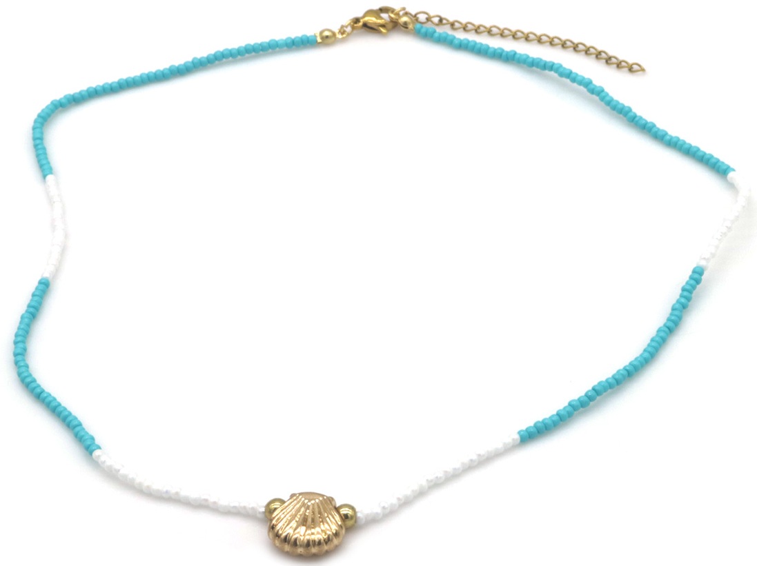 D-D3.3 N1034-005-2 Fashion Necklace Glassbeads Shell 40-45cm Blue