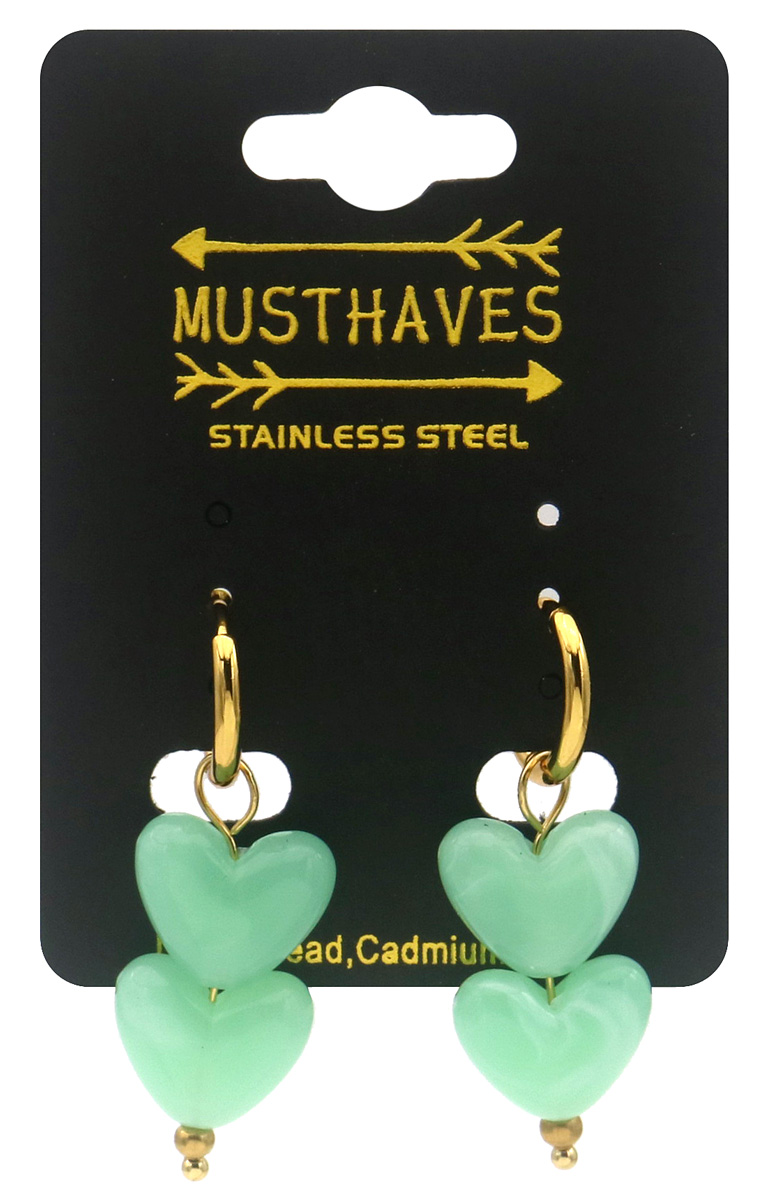 D-E6.3 E1144-001-2 S. Steel Earrings 4cm Hearts Green
