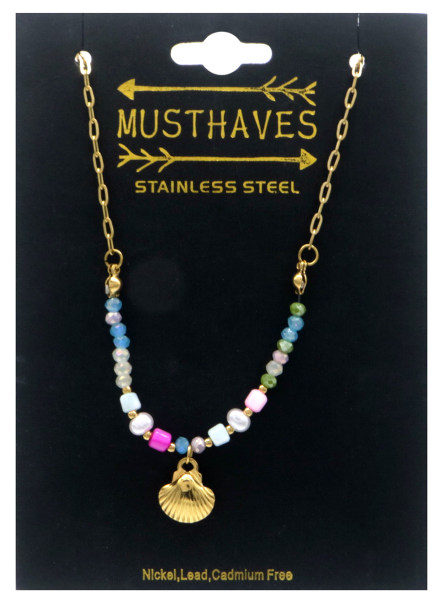 B-F6.4 B2539-034-6 S. Steel Bracelet Glassbeads Shell 16-21cm