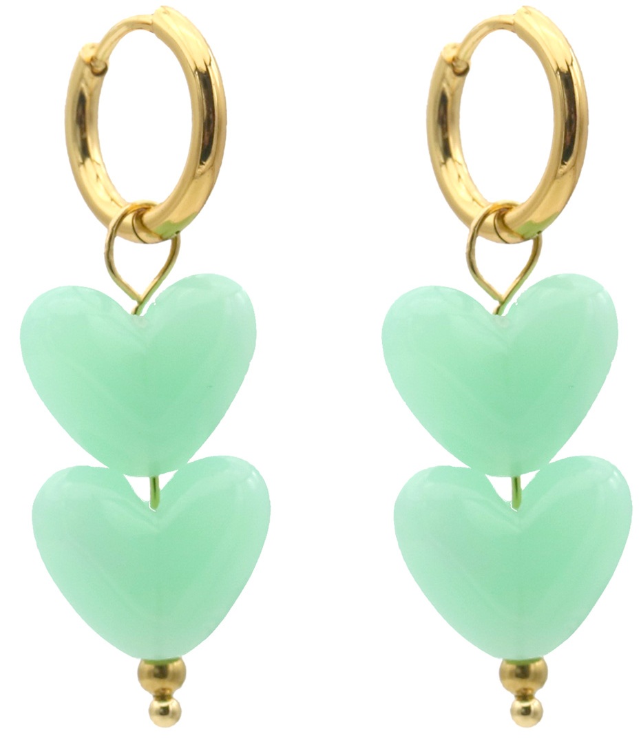 D-E6.3 E1144-001-2 S. Steel Earrings 4cm Hearts Green