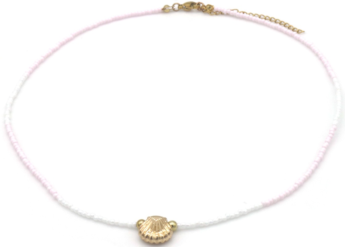 D-E12.1  N1034-005-3 Fashion Necklace Glassbeads Shell 40-45cm Pink