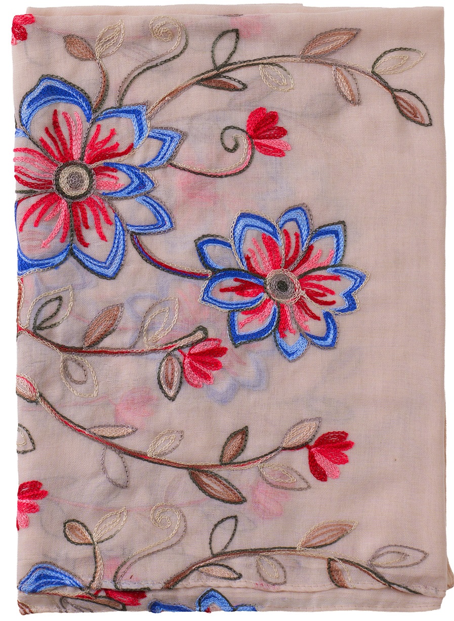 Q-I2.1 SCARF1110-033-2 Scarf Embroidered Flowers 180x70cm - Beige