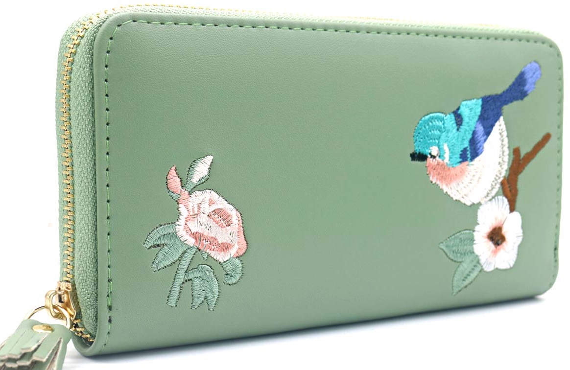 X-J3.2 W804-005-4 PU Embroidered Wallet 20x11x2.5cm Green