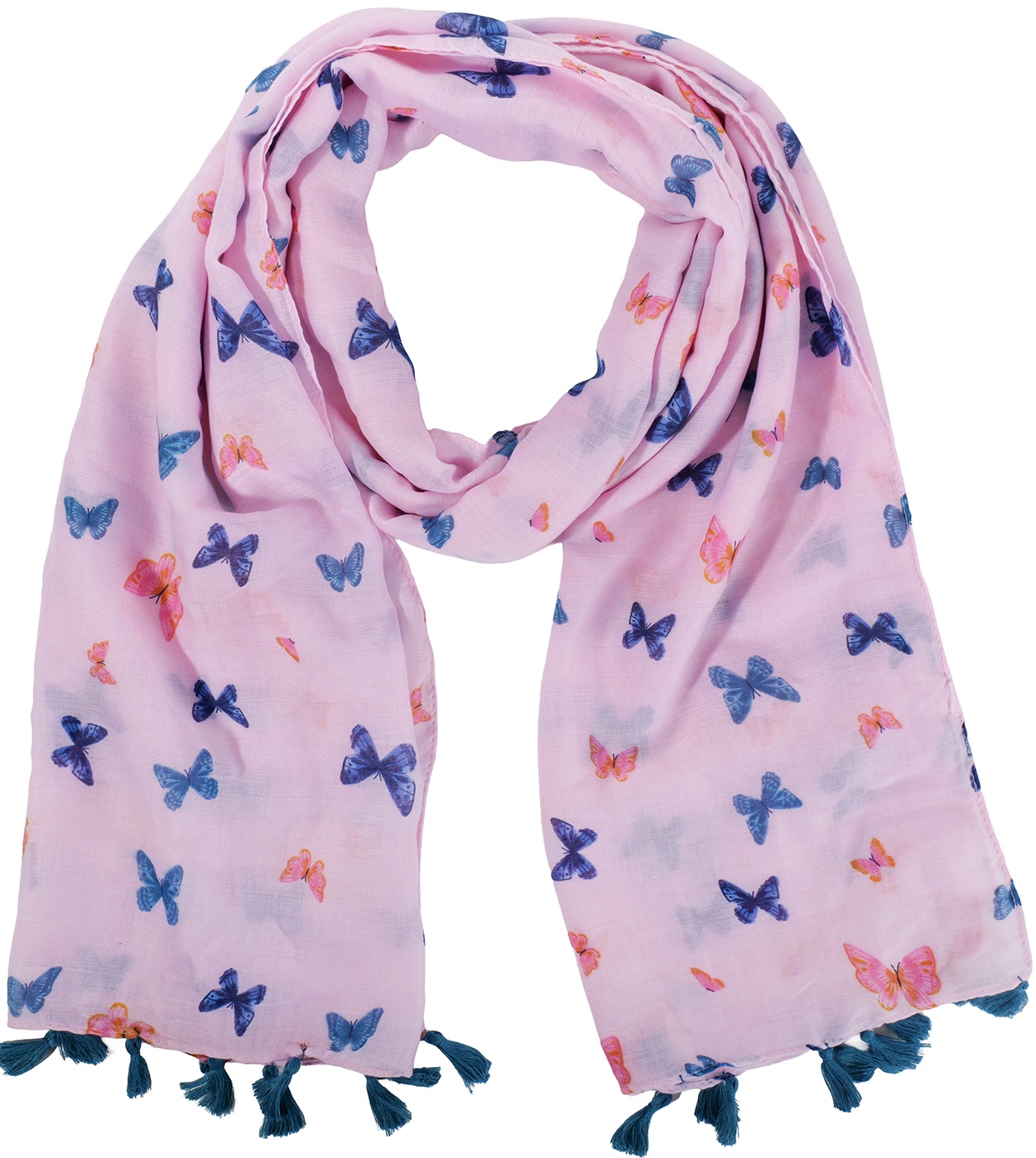 X-F10.1 SCARF1107-001-4 Summer Scarf Butterflies - Tassels 180x90cm