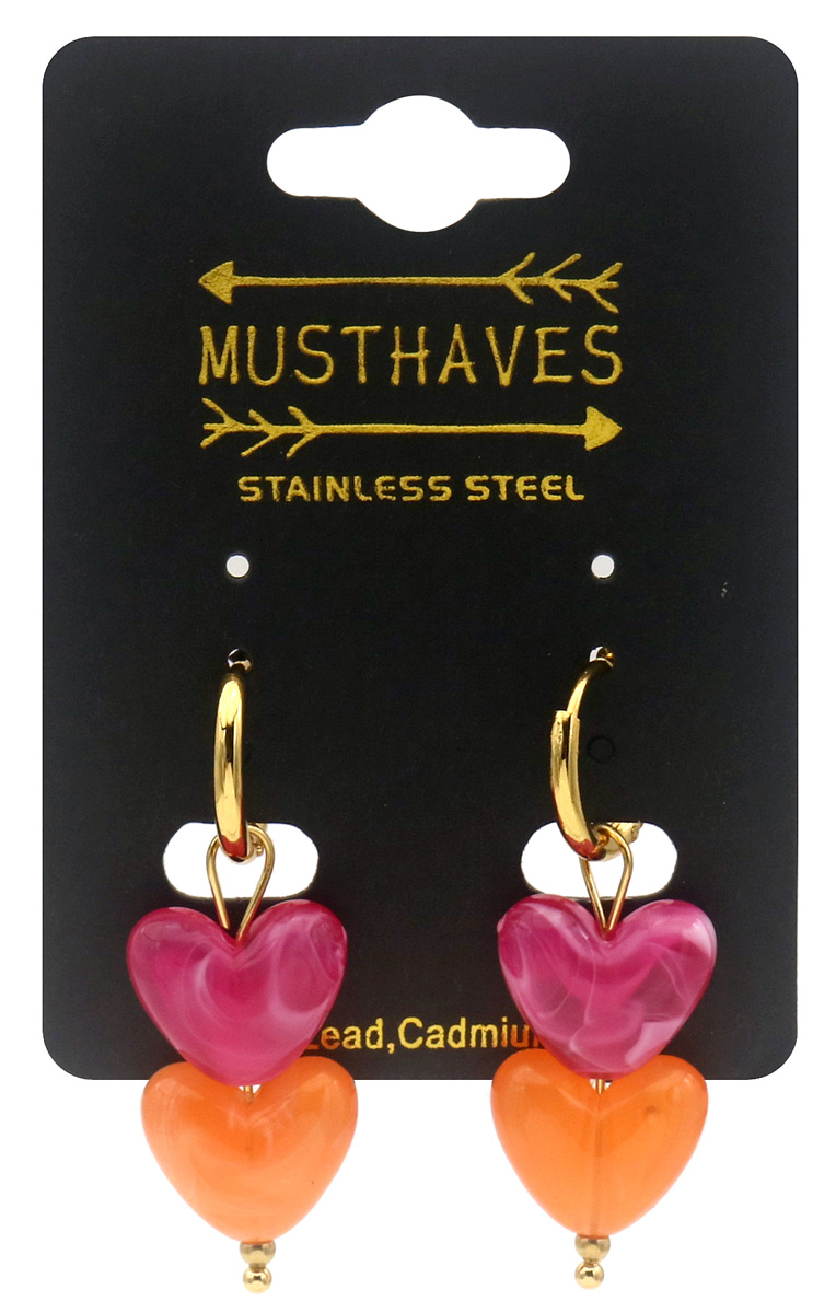 D-B18.4 E1144-001-3 S. Steel Earrings 4cm Hearts Pink-Orange