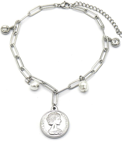 E-E5.2 ANK040-007S S. Steel Anklet Crystal-Pearl-Coin