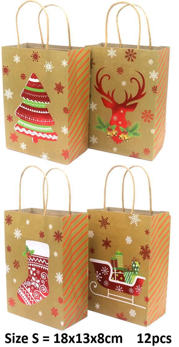 Q-O7.2 PK1009-001S Paper Gift Bag Christmas 18x13x8cm - Mixed Designs - 12pcs Q-O7.2 PK1009-001S Paper Gift Bag Christmas 18x13x8cm - Mixed Designs - 12pcs