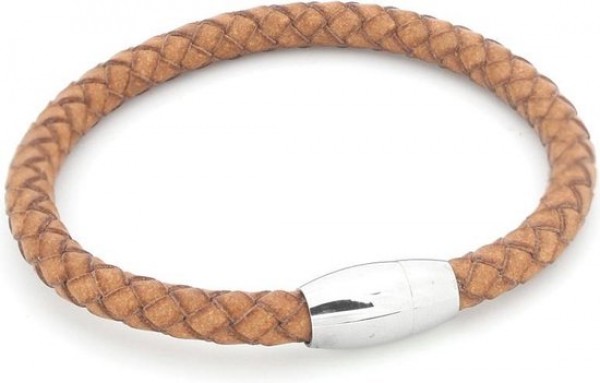 A-C18.1 B105-004 S. Steel with 5mm Leather Bracelet Light Brown 23cm