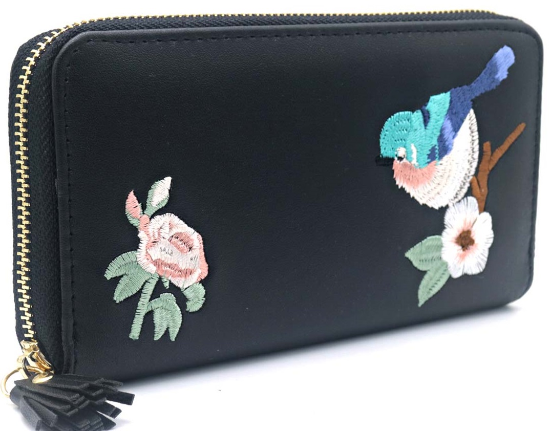 E-E14.2 W804-005-5 PU Embroidered Wallet 20x11x2.5cm Black