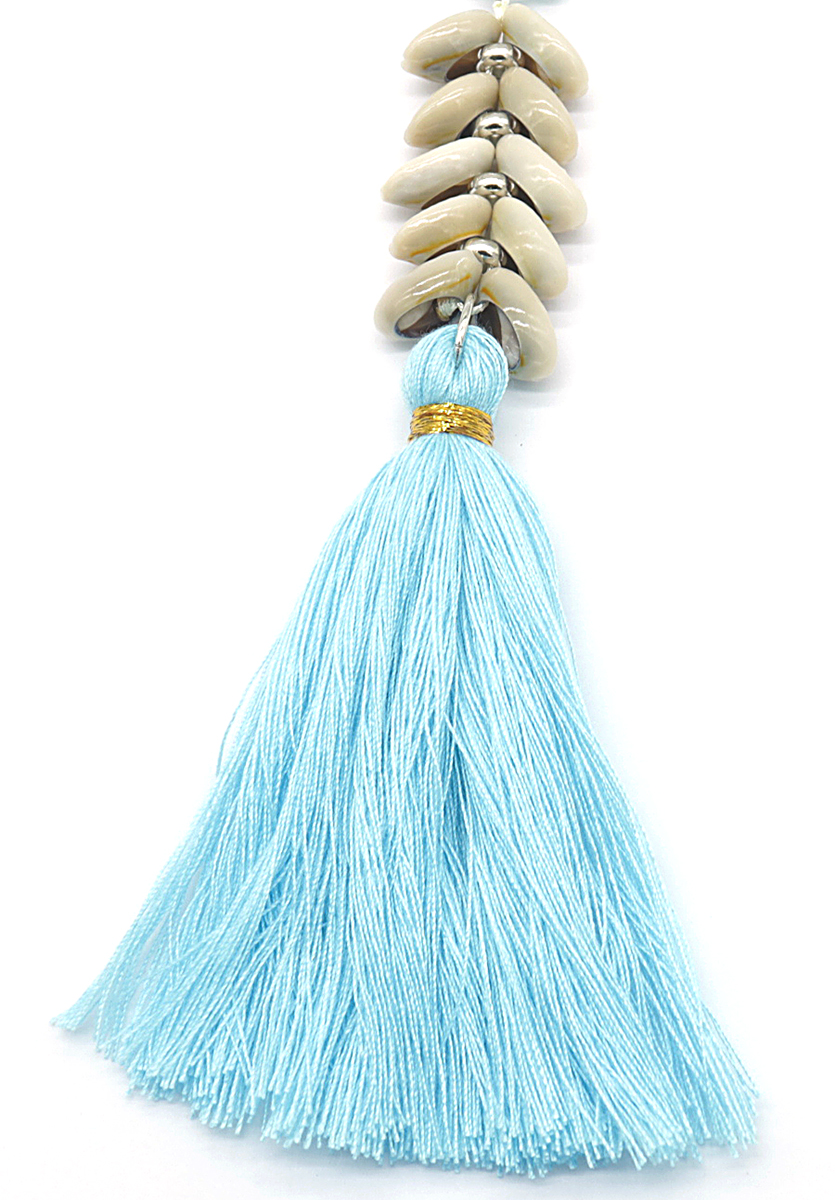 B-F23.1 N536-210C Long Necklace Beads Shells and Tassels 90cm Blue