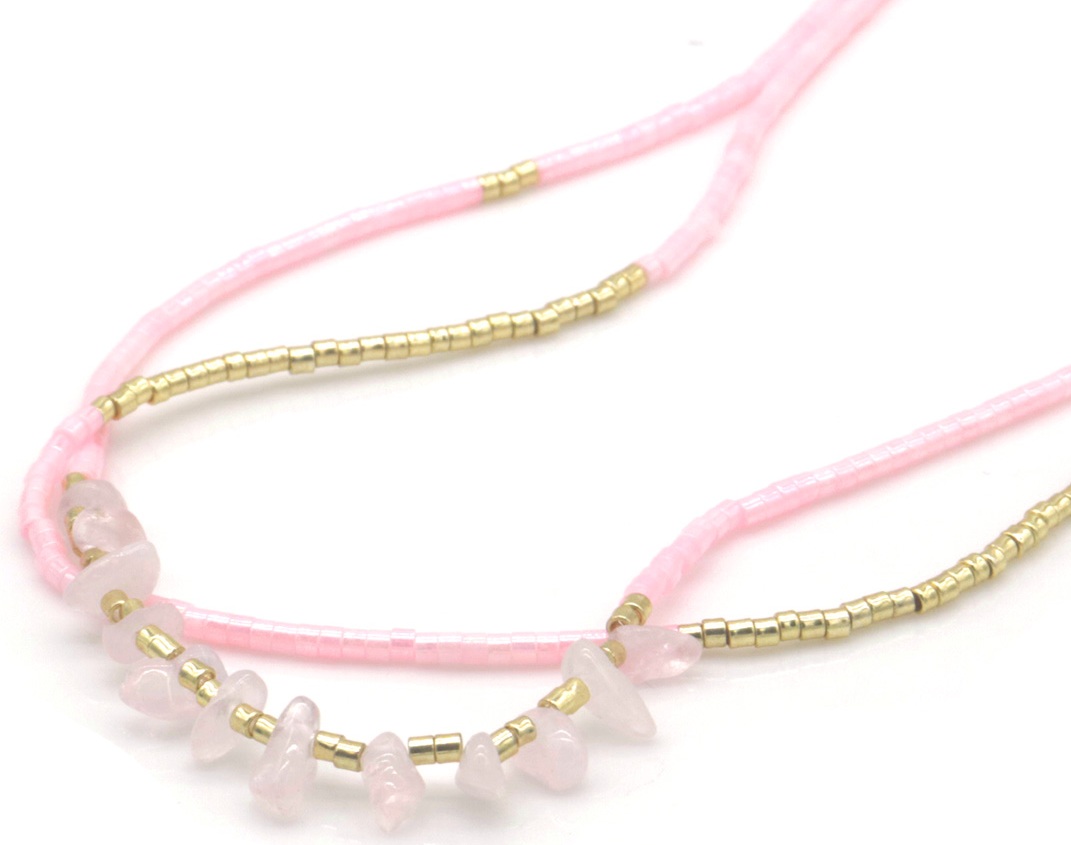 B-F9.2 N1034-007-3  Fashion Necklace Layered Glassbeads 40-45cm Pink