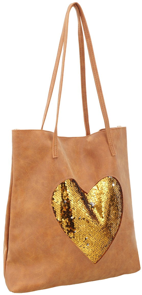 Q-F8.2 BAG1019-001-4 PU Shopper Heart Sequins 37x36cm Brown