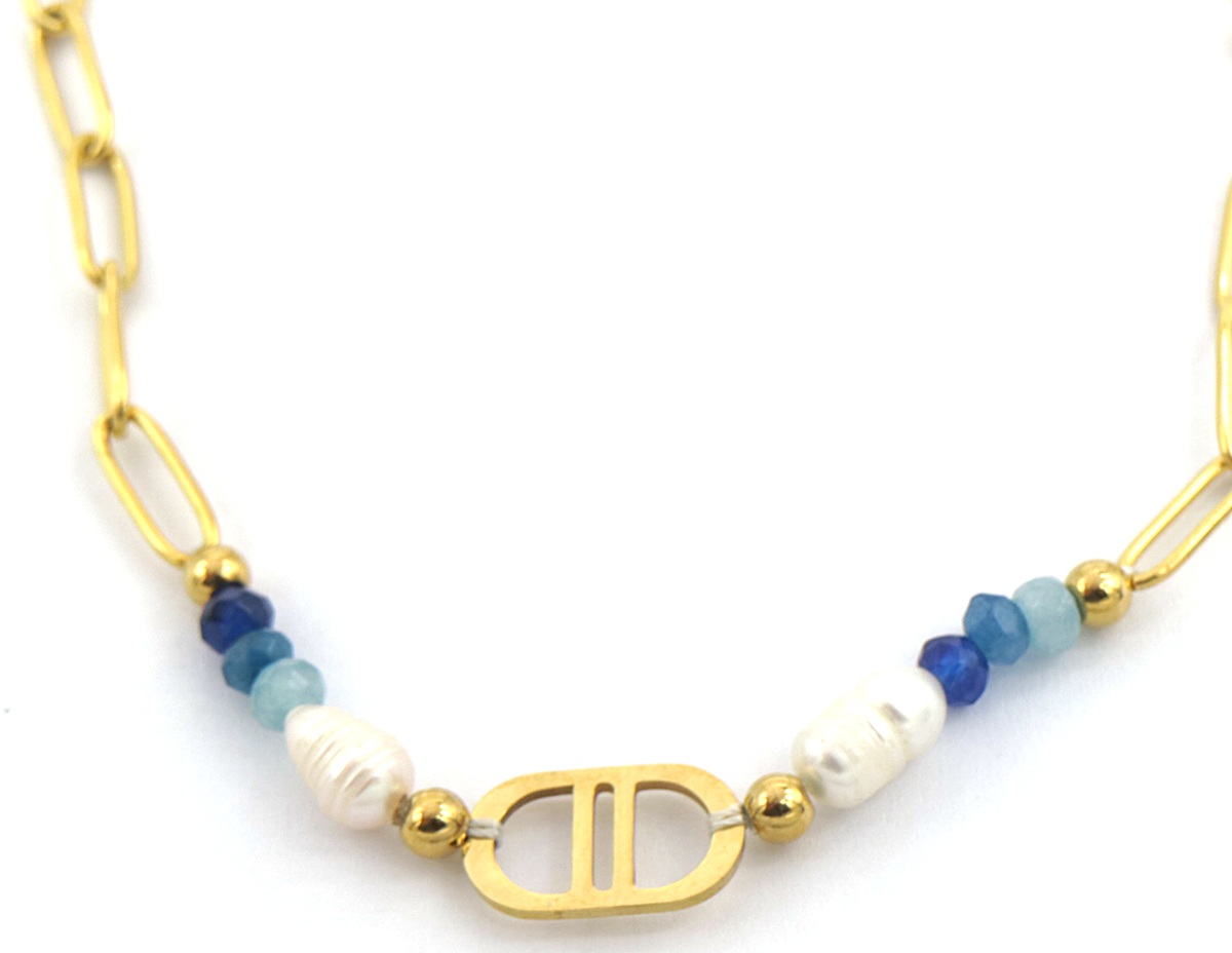 B-D2.1 N221-307 S. Steel Necklace Freshwater Pearl Gold-Blue 40-45cm