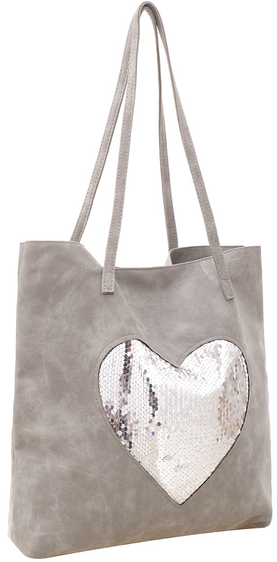 Q-J8.1 BAG1019-001-3 PU Shopper Heart Sequins 37x36cm Grey