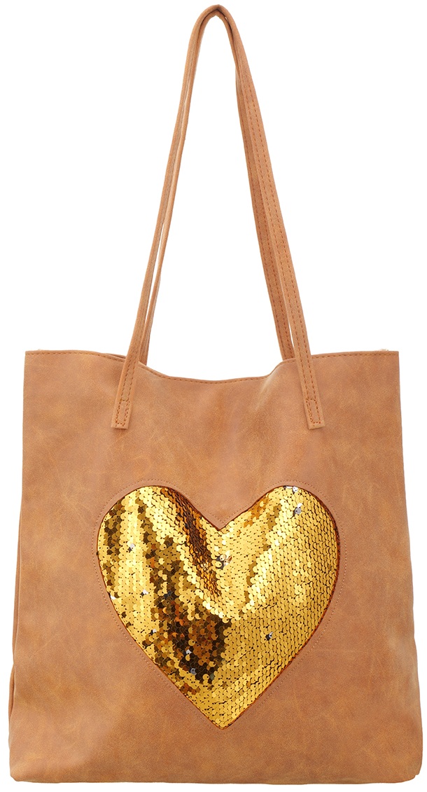 Q-F8.2 BAG1019-001-4 PU Shopper Heart Sequins 37x36cm Brown