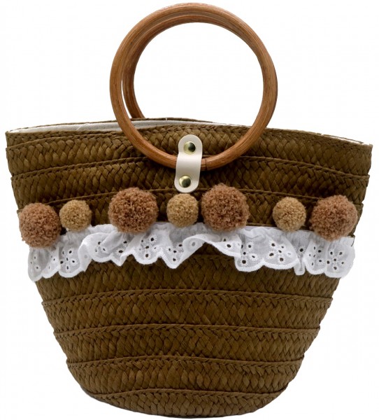 Y-B3.4 BAG001A-006 Bag Woven with Pompons 28x20x10cm Brown