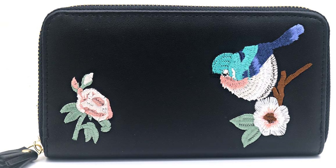 E-E14.2 W804-005-5 PU Embroidered Wallet 20x11x2.5cm Black