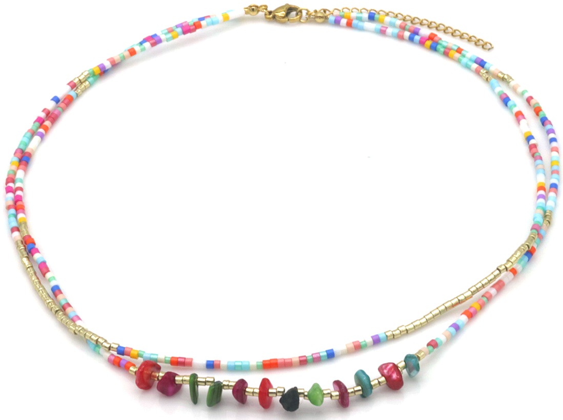 B-D2.3 N1034-007-1  Fashion Necklace Layered Glassbeads 40-45cm Multi