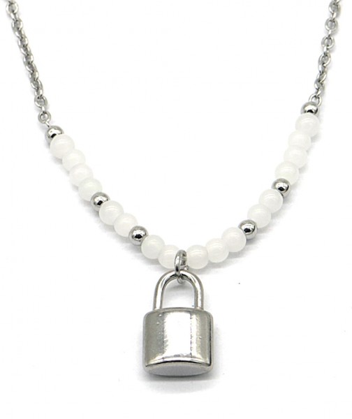 F-F2.2 NA221-106S S. Steel Neckalce Glass Beads - Lock
