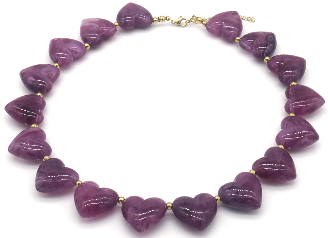 D-D14.1 N2582-002-6 S. Steel Necklace 40-45 cm Acrylic Hearts Purple