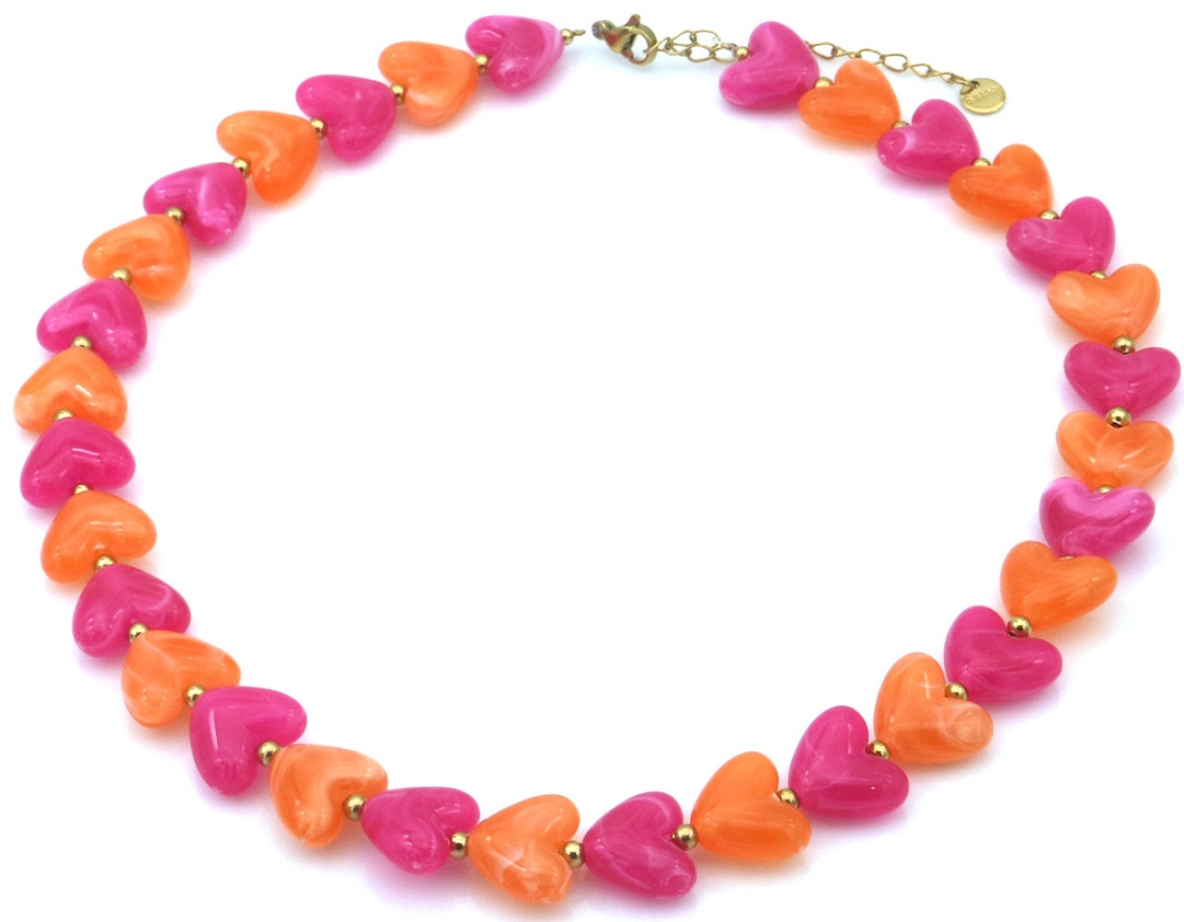 F-B2.1 N1144-009-5 S. Steel Necklace Hearts 40-45cm Pink-Orange