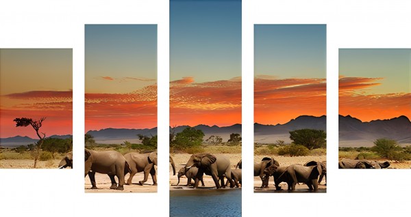K-C1.1 FF378  Diamond Painting Set 5 frame Elephants 150x90cm