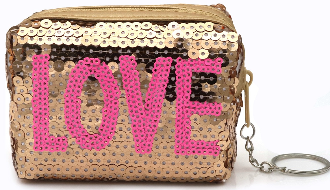 L-B3.2 KY1154-002 Keychain Wallet LOVE Sequins 10x7x4cm Gold