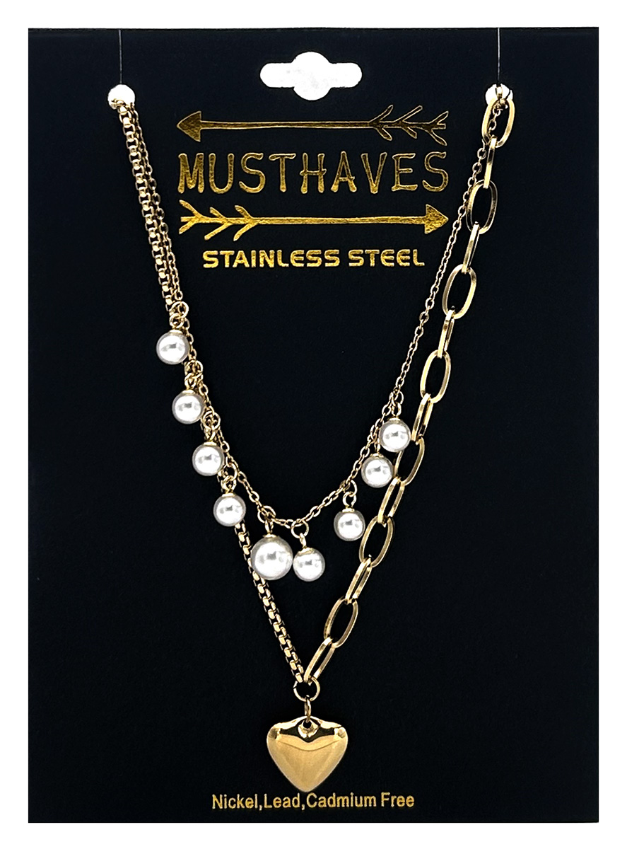 B-D11.1 N1131-003G S. Steel Necklace Layered Heart - Pearls