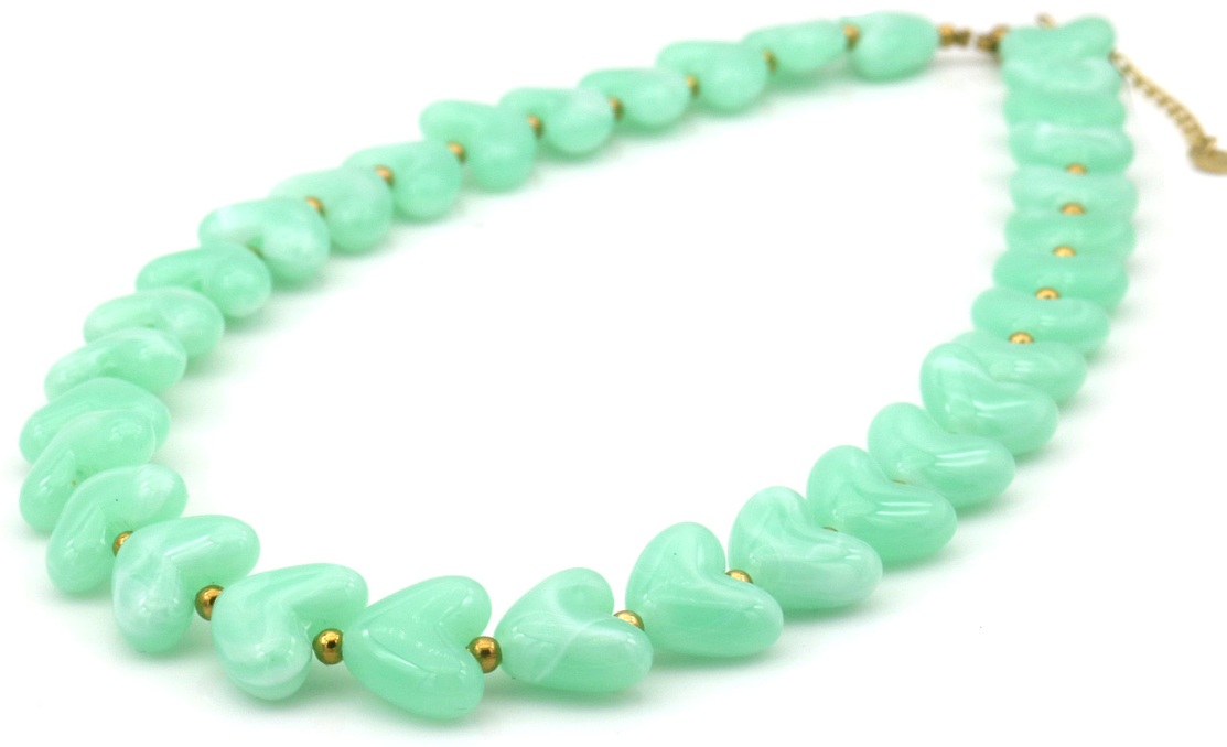 G-B9.1 N1144-009-6 S. Steel Necklace Hearts 40-45cm Green