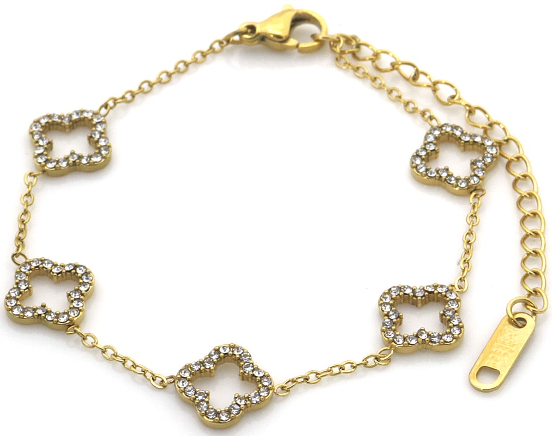 E-B22.2 B089-030G S. Steel Bracelet Clovers Crystals