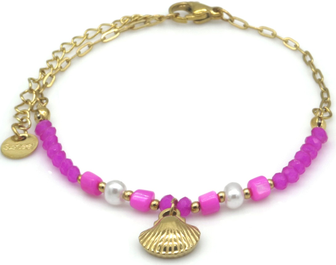 B-D20.3 B2539-034-1 S. Steel Bracelet Glassbeads Shell 16-21cm