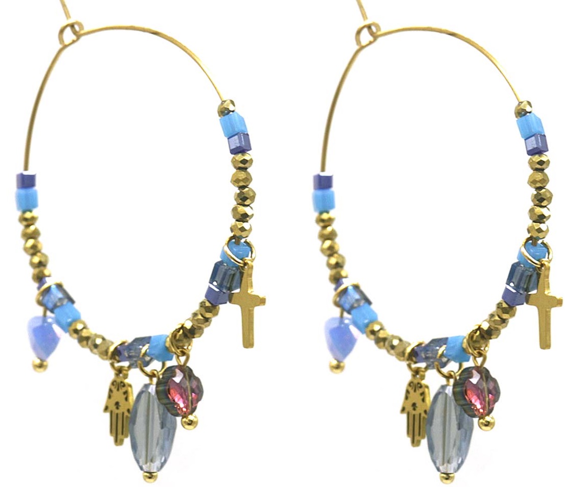 C-A17.5 E221-498 No. 4 S. Steel Glassbead Earrings 4x5.5cm Blue