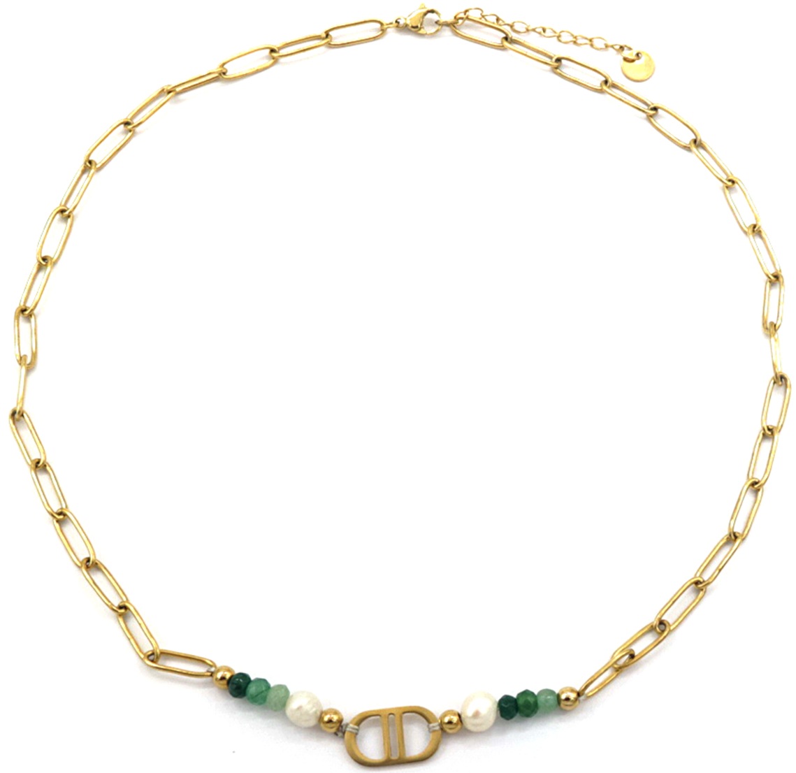 B-D14.2 N221-307 S. Steel Necklace Freshwater Pearl Green 40-45cm