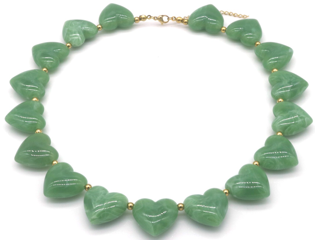 C-C14.1 N2582-002-1 S. Steel Necklace 40-45 cm Acrylic Hearts Green