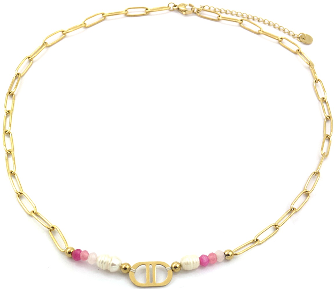 B-F16.1 N221-307 S. Steel Necklace Freshwater Pearl Pink 40-45cm