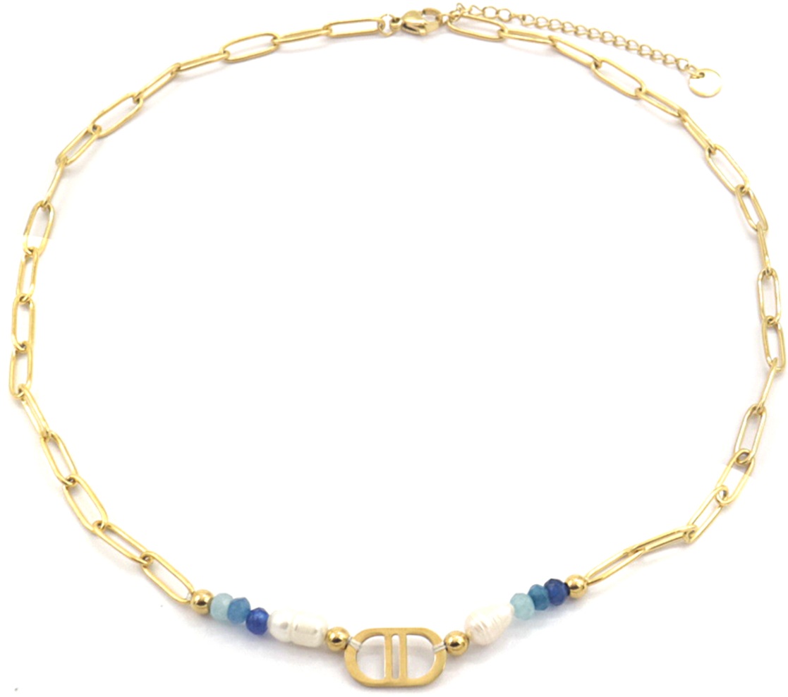 B-D2.1 N221-307 S. Steel Necklace Freshwater Pearl Gold-Blue 40-45cm