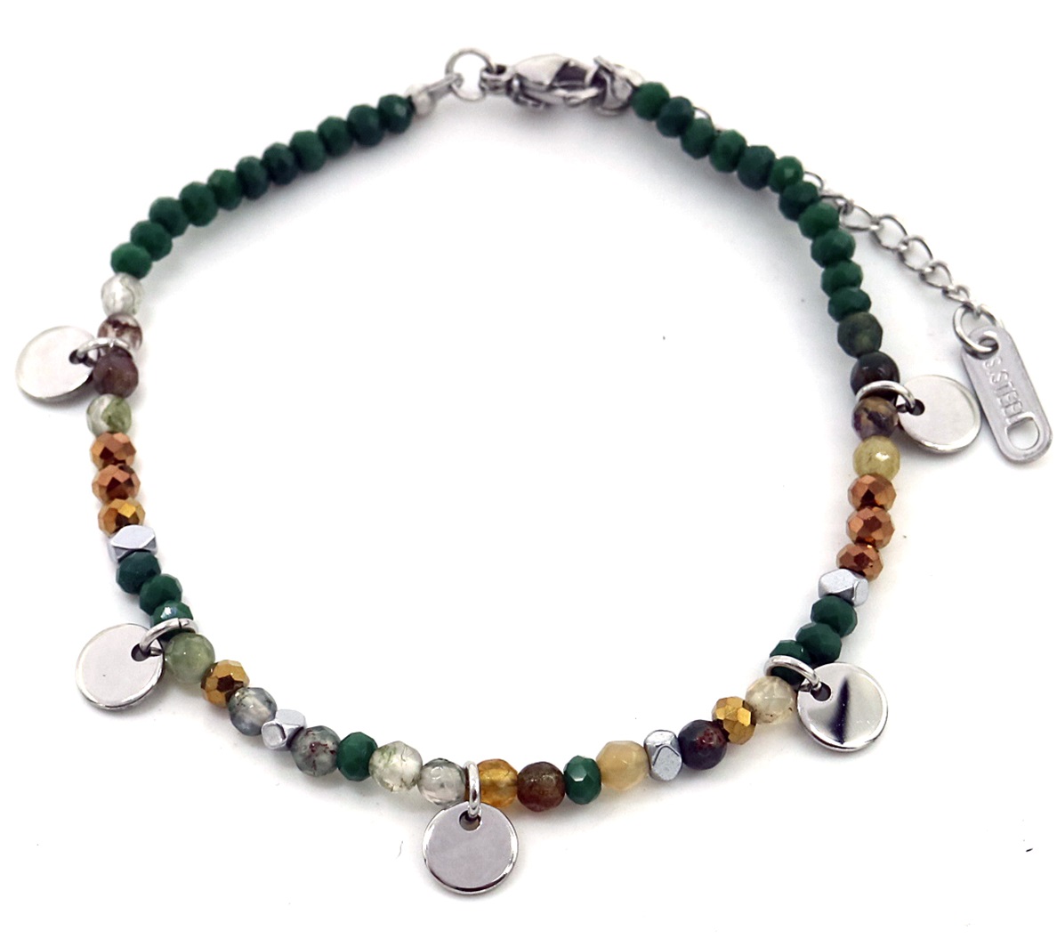 A-D8.3 B010-017S S. Steel Bracelet Coins and Stones Green-Silver