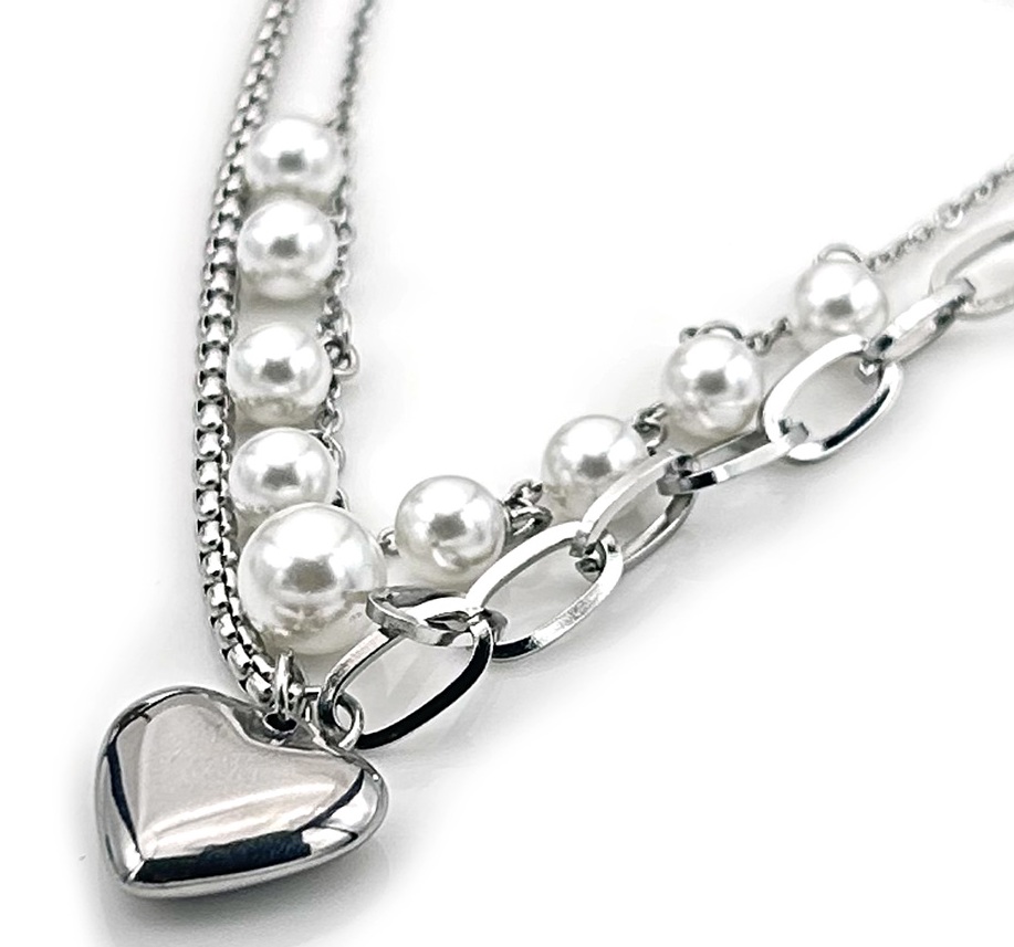 C-E11.2 N1131-003S S. Steel Necklace Layered Heart - Pearls