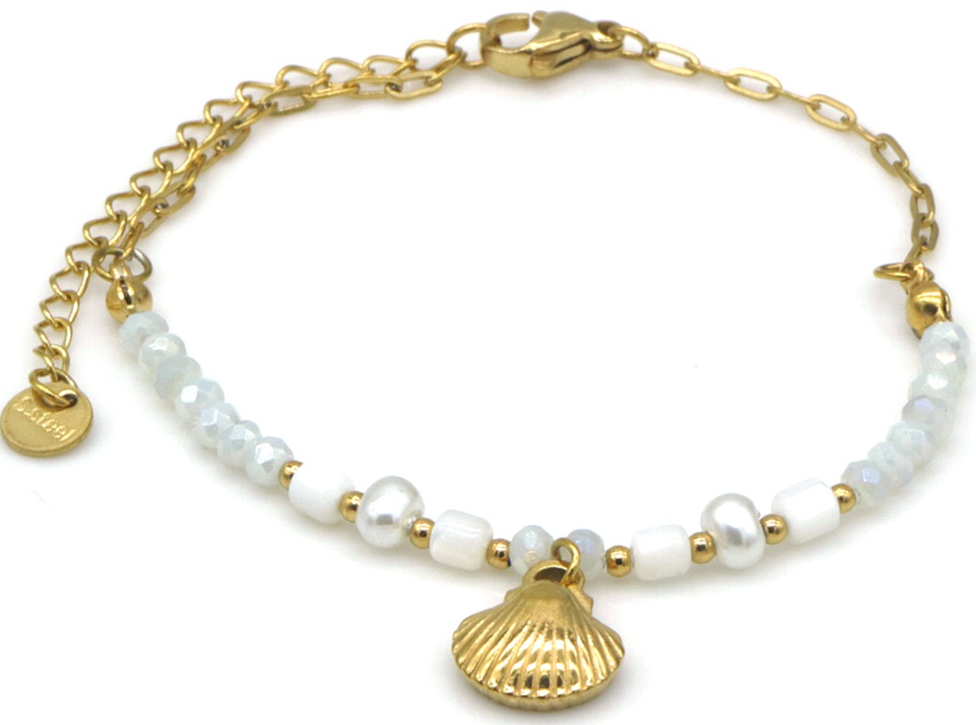 B-F18.3 B2539-034-3 S. Steel Bracelet Glassbeads Shell 16-21cm