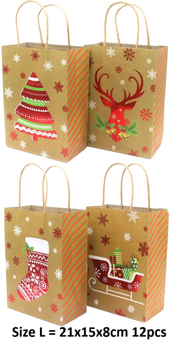 Q-L3.1 PK1009-001L Paper Gift Bag Christmas  27x21x11cm - Mixed Designs - 12pcs Q-L3.1 PK1009-001L Paper Gift Bag Christmas  27x21x11cm - Mixed Designs - 12pcs