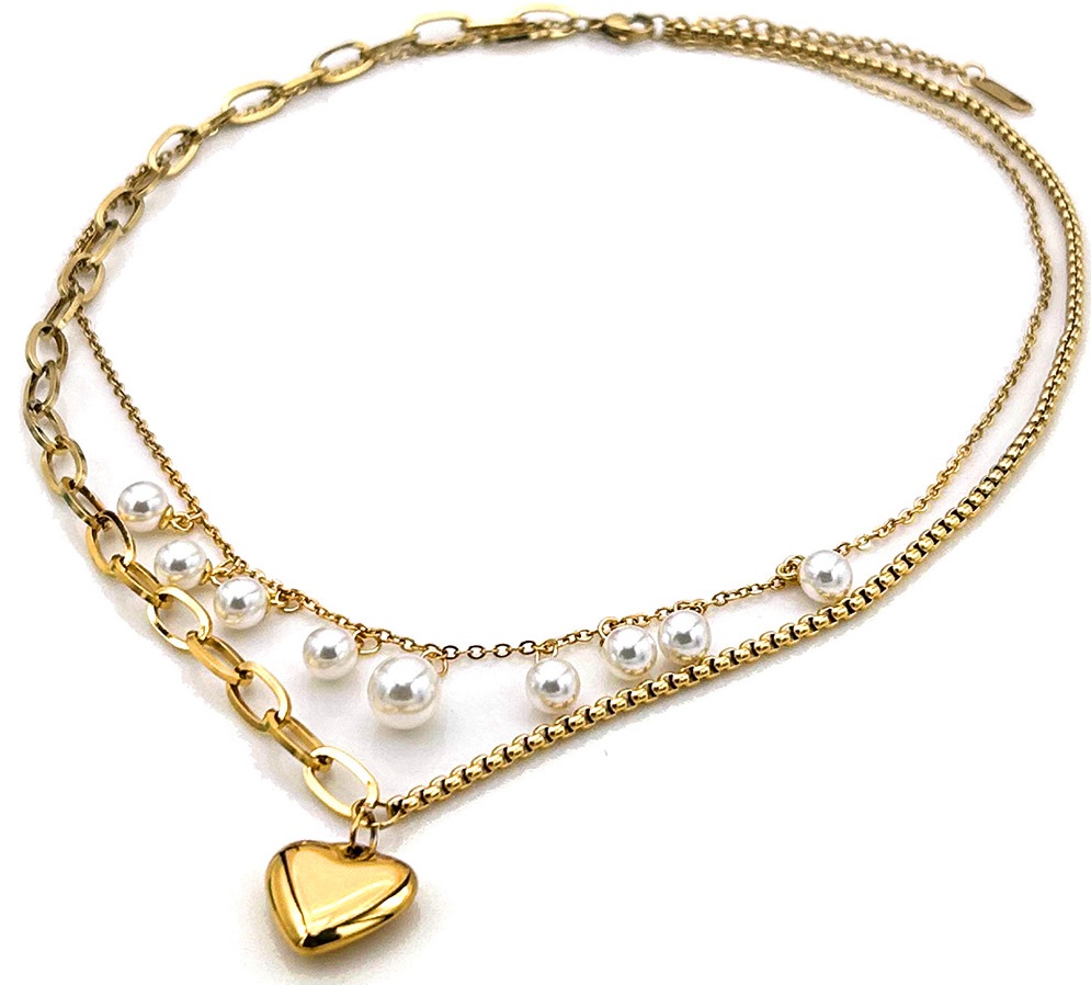 B-D11.1 N1131-003G S. Steel Necklace Layered Heart - Pearls