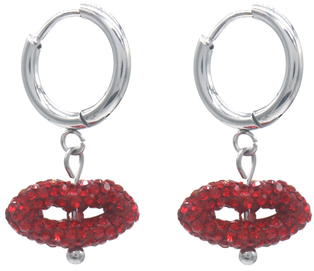 F-E7.4  E1033-002S-2 S. Steel Earrings Crystals Kiss 2.5x1.5cm