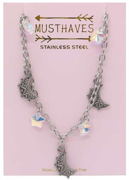 G-E3.2 N2053-001 S. Steel Necklace Moon and Stars 36-39cm For Kids