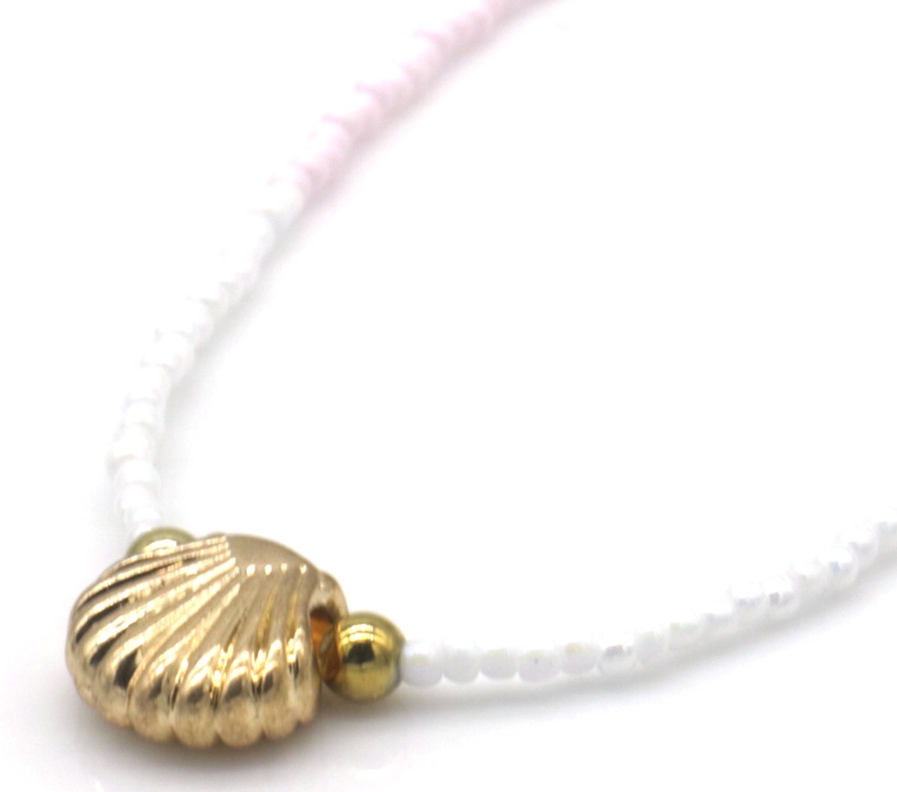 D-E12.1  N1034-005-3 Fashion Necklace Glassbeads Shell 40-45cm Pink