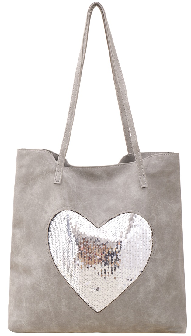 Q-J8.1 BAG1019-001-3 PU Shopper Heart Sequins 37x36cm Grey